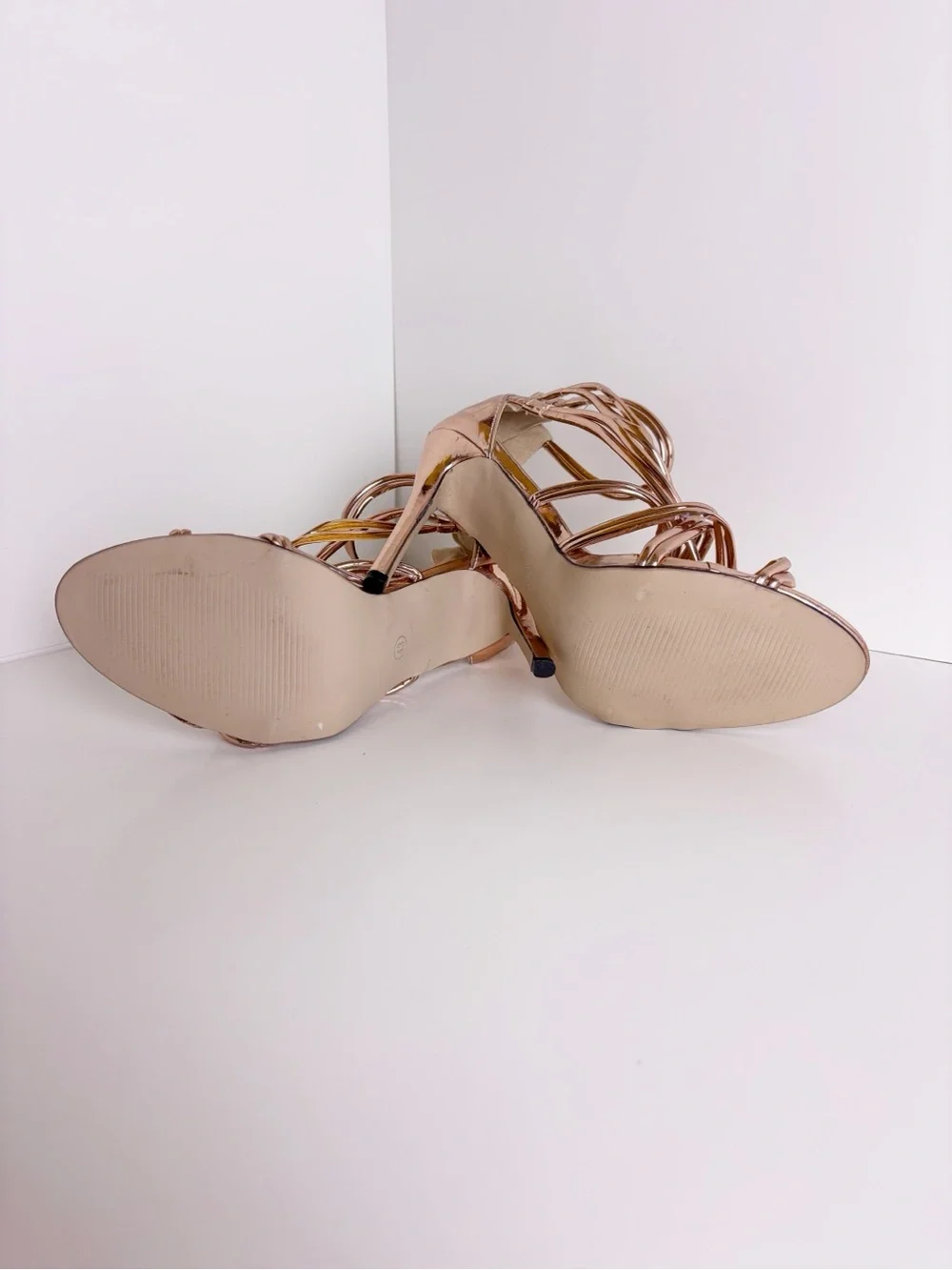 Metallic Rose Gold Strappy High Heel Sandals - Women
